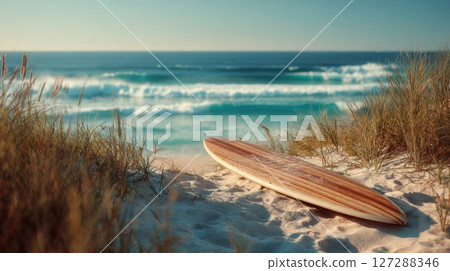 Wooden Surfboard on Sandy Beach with Ocean Waves 127288346