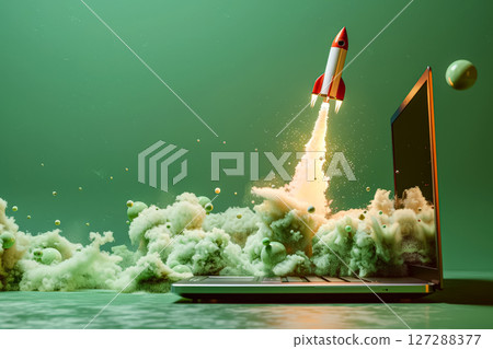 White rocket is launched into the air, leaving a trail of smoke behind it. 127288377