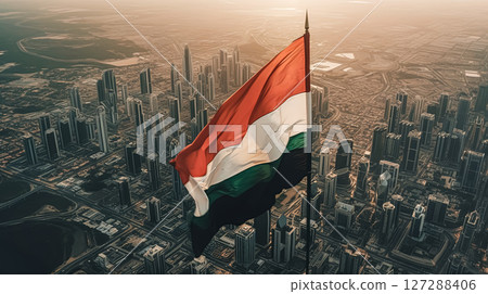 Flag is flying high above a city 127288406