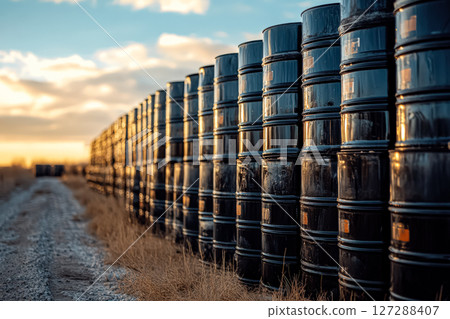 Row of black barrels are lined up in a field 127288407