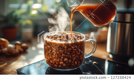 Glass of coffee with a spoon in it 127288424