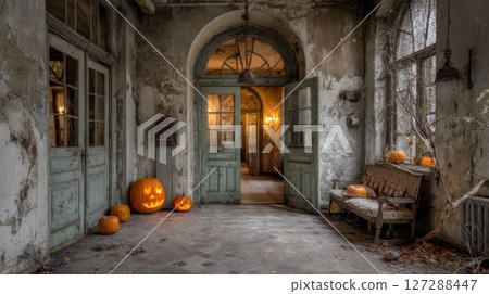 Spooky Abandoned Building Interior with Pumpkins 127288447