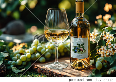 Bottle of wine and a wine glass are on a wooden table Bottle of wine and a wine glass are on a wooden table 127288448