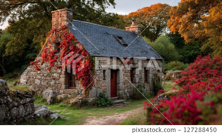 Stone Cottage with Red Ivy in Autumnal Setting 127288450