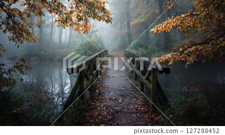 Misty Autumn Forest Bridge, Wooden Footbridge Over Still Water, Fallen Leaves 127288452