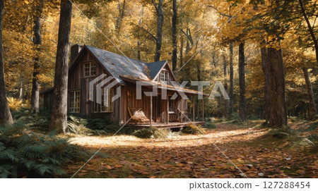 Rustic Wooden Cabin in Autumn Forest 127288454