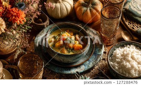 Autumn Pumpkin Curry with Rice on Rustic Table Setting 127288476