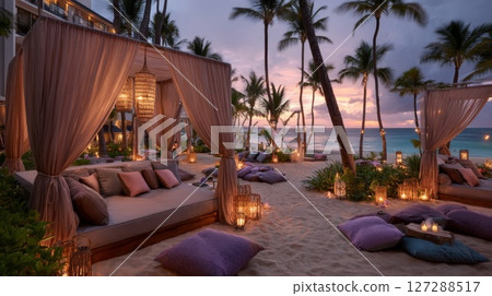 Tropical Beach Sunset: Luxurious Cabanas and Pillows on Sandy Shore Tropical Beach Sunset: Luxurious Cabanas and Pillows on Sandy Shore 127288517