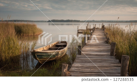 Old Wooden Boat Moored Near a Rustic Pier on a Calm Lake at Dawn 127288535