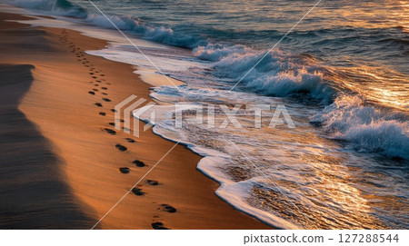 Footprints in Golden Sand at Sunset Beach 127288544
