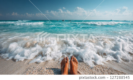 Relaxing Feet in Soft Sand on a Turquoise Ocean Beach 127288545
