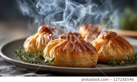 Golden Brown Puff Pastry on a Plate with Thyme 127288546