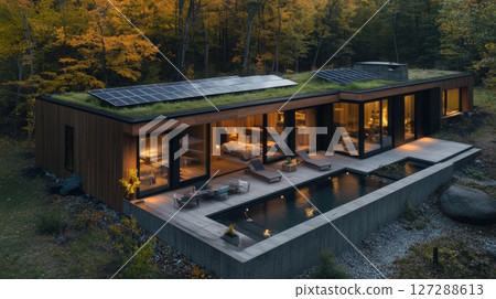 Modern Wooden Cabin with Solar Panels and Pool in Forest 127288613