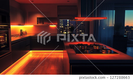 Modern Kitchen with Warm Lighting and City View at Dusk 127288663