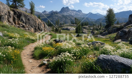 Mountain Wildflower Trail in Summer Sunlight 127288735
