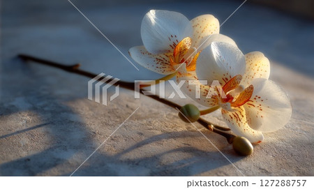 White Orchid with Orange Spots on Grey Surface 127288757