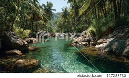 Tranquil Tropical River Scene with Lush Greenery 127288780