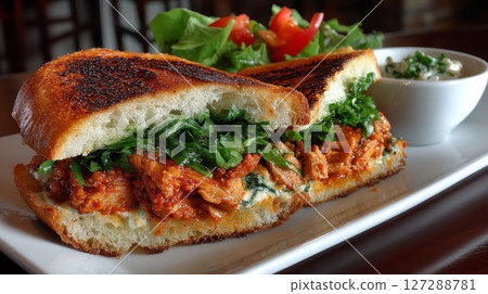 Grilled Chicken and Kale Sandwich with Tomato Salad and Creamy Dip Grilled Chicken and Kale Sandwich with Tomato Salad and Creamy Dip 127288781