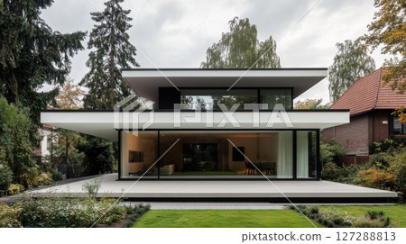 Modern Two-Story House with Large Windows and a Patio 127288813