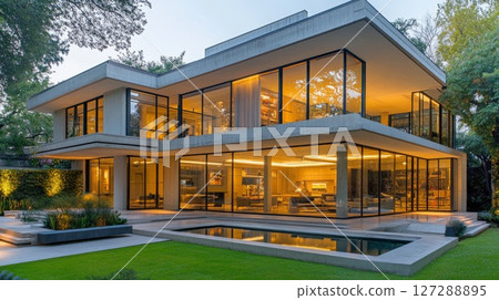 Modern Concrete House with Illuminated Interior and Pool 127288895