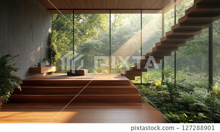 Modern Interior with Wooden Stairs and a Forest View 127288901