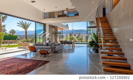 Modern Living Room with Panoramic Mountain View and Wooden Staircase 127288902