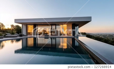 Modern Architectural Home with Infinity Pool and Evening Sky 127288914