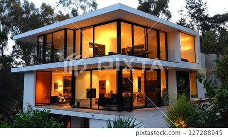 Modern White House with Large Windows and Warm Interior Lighting Modern White House with Large Windows and Warm Interior Lighting 127288945