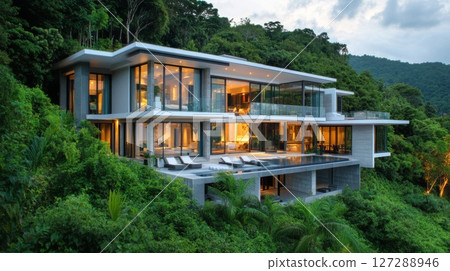Modern Cliffside Villa with Infinity Pool and Lush Greenery 127288946