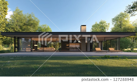 Modern Glass House with Patio and Green Lawn 127288948
