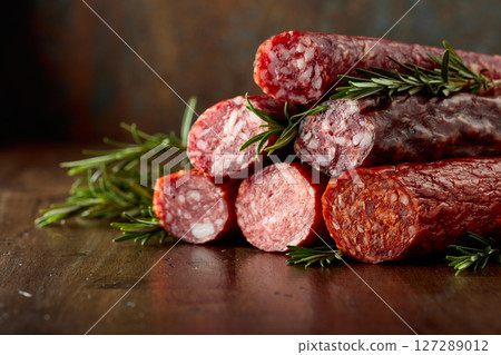 Smoked and dry cured sausages on a old wooden table. 127289012