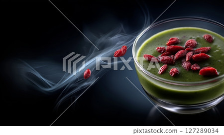 Smooth green smoothie with goji berries on a dark background 127289034