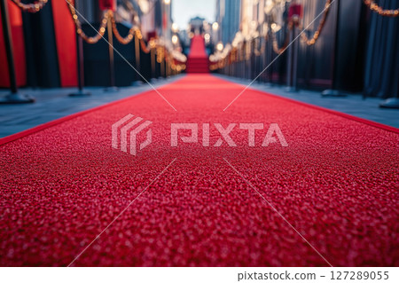 Long red carpet close-up with metal railings. Concept of award ceremony in the field of cinema or music. 127289055