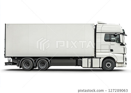 White truck and trailer without inscriptions and drawings on a white background. Concept of cargo and goods transportation. Generated by artificial intelligence White truck and trailer without inscriptions and drawings on a white background. Concept of cargo and goods transportation. Generated by artificial intelligence 127289063