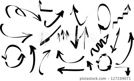 Vector illustration of a set of hand-drawn black arrows on a white background. This collection includes various arrow styles such as curved, straight, zigzag, looped, and spiral arrows in a doodle 127289071