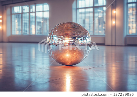 A spacious, bright studio for dancing and music with a disco ball lying on a wooden floor. A spacious, bright studio for dancing and music with a disco ball lying on a wooden floor. 127289086