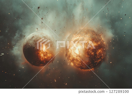 Galaxy, space background with two planets on fire after collision. Illustration of explosion in space after disaster or collision. Generated by artificial intelligence 127289100