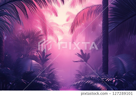 Path in the middle of a futuristic tropical forest in purple tones. Futuristic tropical background. Generated by artificial intelligence 127289101