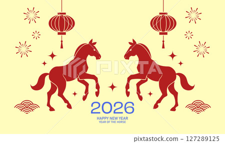 Two symmetrical zodiac horses card minimalist style Two symmetrical zodiac horses card minimalist style 127289125