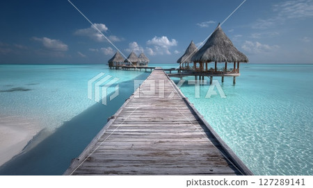 Wooden Dock Leading to Overwater Bungalows on a Tropical Beach 127289141