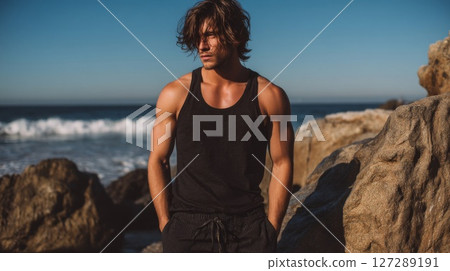 Muscular Man in Tank Top on Rocky Beach 127289191