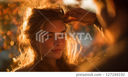 Affectionate Couple at Sunset Golden Hour Portrait 127289192