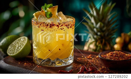 Spicy Pineapple Cocktail with Chili Rim 127289202
