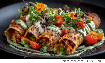 Savory Vegetable Rolls with Creamy Green Sauce 127289203