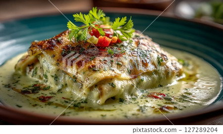 Creamy Lasagna with Parsley Garnish on Teal Plate Creamy Lasagna with Parsley Garnish on Teal Plate 127289204
