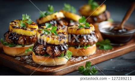 Grilled Pineapple Burgers with BBQ Sauce on Wooden Board 127289211