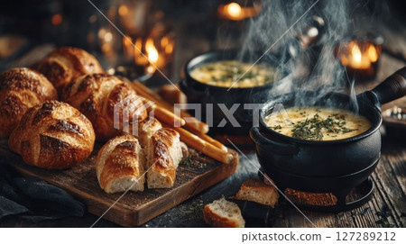 Warm Cheese Fondue with Crusty Bread and Dippers 127289212
