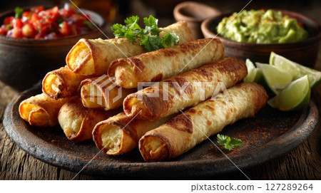 Crispy Cheese Rolls with Salsa and Guacamole Crispy Cheese Rolls with Salsa and Guacamole 127289264