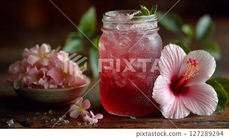 Pink Hibiscus Flower and Red Fizzy Drink in Mason Jar 127289294