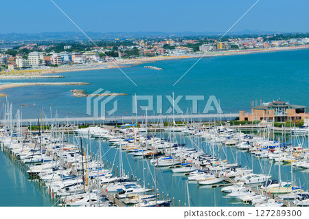Aerial view of Rimini beach and docks in Italy 127289300